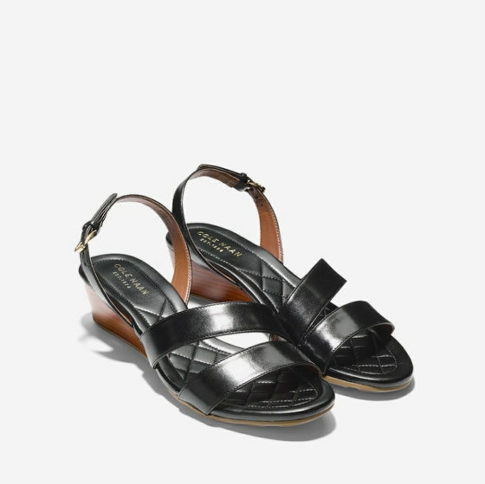 Cole Haan Black Leather Slingback Wedge Sandals size 5.5 NWOB